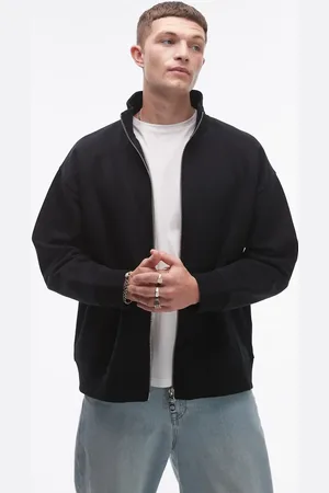 Topman Sudadera negra con cuello alzado y cremallera de tejido grueso premium de