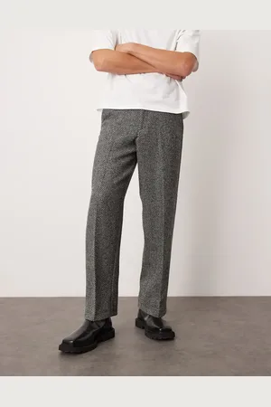 ASOS Pantalones de vestir negros de pernera ancha con patrón de espiga de mezcla de lana de