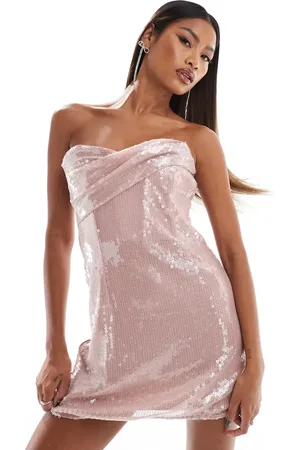 ASOS Vestido corto rosa pálido traslúcido con escote palabra de honor drapeado de lentejuelas de