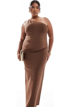 ASOS Vestido midi marrón ceñido y asimétrico con espalda descubierta de ASOS DESIGN Curve