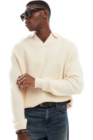 ASOS Jersey color extragrande con cuello tipo polo con muesca de punto cepillado de -Beis neutro