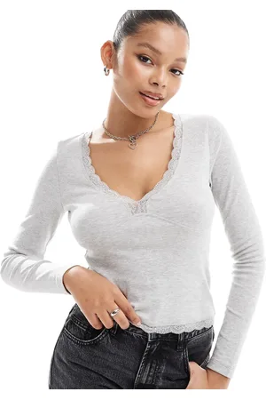 ASOS Top de manga larga con cuello de pico y detalle de encaje de -Multicolor