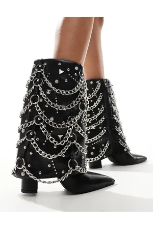 AZALEA WANG Botas por la rodilla negras con diseño plegado de cadenas y tachuelas Aleena de