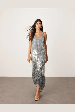 ASOS Vestido midi gris plateado con cuello ancho, diseño adornado y bajo de plumas sintéticas de -Multicolor