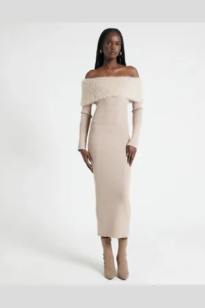 River Island Vestido midi color visón con escote Bardot y detalle mullido de punto de - neutro