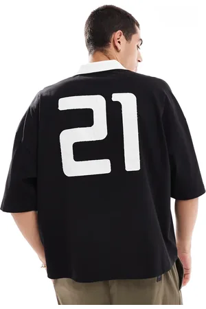 ASOS Camiseta negra de corte cuadrado extragrande con cuello tipo polo, hombros caídos y estampado trasero gráfico de