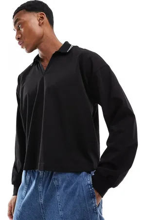 ASOS Camiseta negra de corte cuadrado extragrande con cuello tipo polo y ribetes en las solapas de