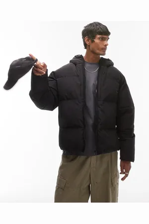 Topman Chaqueta negra acolchada con capucha de tejido texturizado de