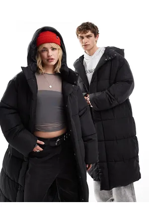 COLLUSION Chaqueta de plumas larga negra con capucha de Unisex