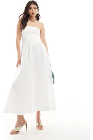 Forever New Vestido midi blanco porcelana con escote palabra de honor y cintura baja de