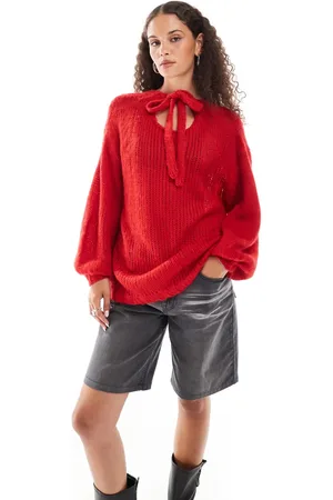 Daisy Street Jersey con mangas abullonadas y detalle de lazada trasera de punto grueso de