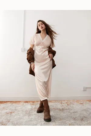 Reclaimed Vestido midi de satén con ribete de encaje de