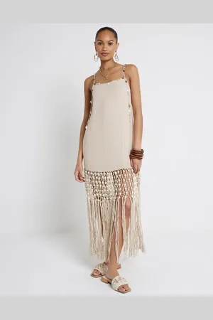 River Island Vestido playero color con flecos de macramé de -Blanco