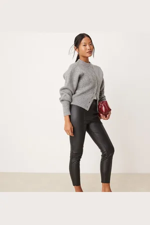JDY Pantalones negros de talle alto de cuero sintético de