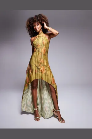 ASOS Vestido largo plisado con cuello halter, bajo asimétrico y estampado floral de -Multicolor