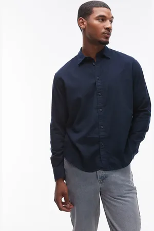 SELECTED Camisa azul marino de corte cuadrado extragrande con estampado de cuadrícula de