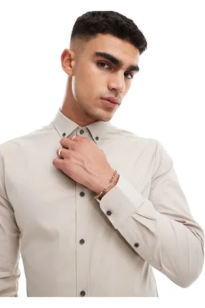 River Island Camisa color ajustada de manga larga de tejido texturizado de -Beis neutro