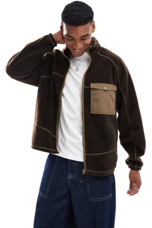 ASOS Chaqueta polar marrón extragrande con bolsillo en el pecho y costuras en contraste de