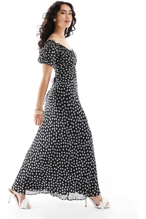 Forever New Vestido semilargo con estampado de florecitas y escote Bardot de