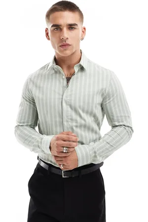 ASOS Camisa verde salvia a rayas entallada con solapas cuadradas de -Blanco