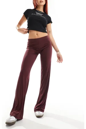 Monki Pantalones burdeos holgados de pernera recta y talle bajo de punto liso supersuave de -Rojo