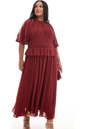 ASOS Vestido midi con mangas abullonadas y cinturilla fruncida de ASOS DESIGN Curve-Rojo