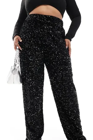Pieces® Pantalones negros de pernera ancha de velour con lentejuelas de PIECES Curve