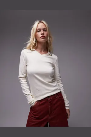 Topshop Top color de manga larga con cuello tipo polo y ribetes de -Beis neutro