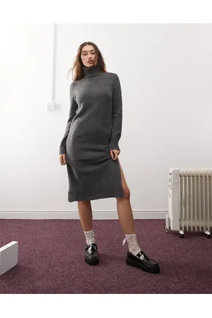 Noisy May Vestido midi gris estilo jersey con cuello alto de punto de