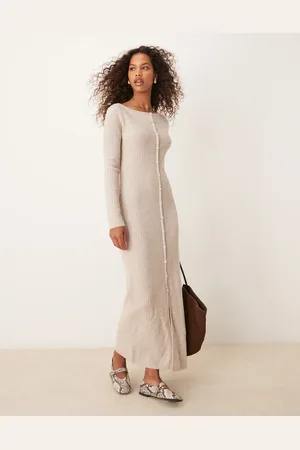 Abercrombie & Fitch Vestido largo beis claro de manga larga con botones de punto de -Beis neutro
