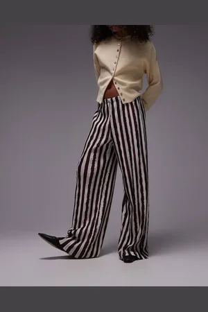 Topshop Pantalones a rayas verticales burdeos oscuro de pernera ancha de tejido plisado de -Rojo