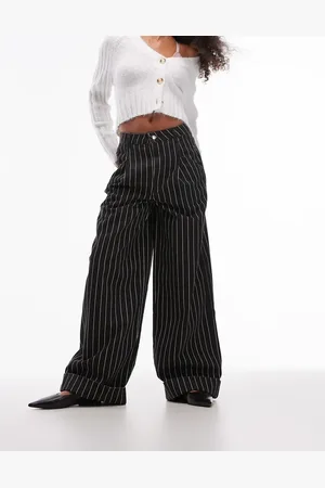 Topshop Pantalones negros a rayas de pernera ancha con bajos vueltos de