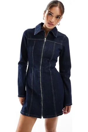 ASOS Vestido camisero vaquero corto con lavado azul tinta y cremallera de