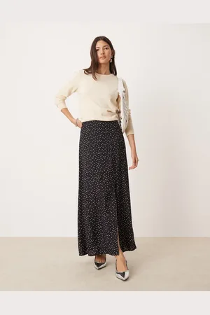 Miss Selfridge Falda lencera larga con estampado de lunares y abertura de -Negro