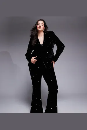 ASOS Pantalones negros de terciopelo con adornos de perlas de Curve (parte de un conjunto)