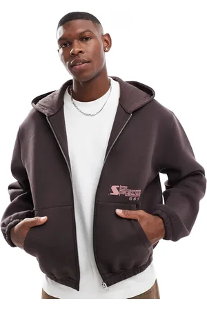 ASOS Sudadera marrón de corte cuadrado extragrande con capucha, cremallera y estampado de tejido efecto neopreno de