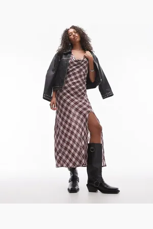 MANGO Vestido midi con estampado de cuadros y cuello desbocado de