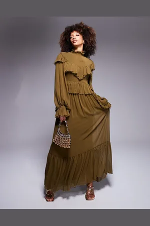 DASKA Vestido largo verde con cuello alto y volantes de chifón de