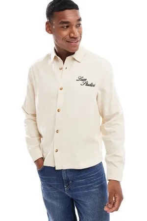 ASOS Sobrecamisa vaquera color de corte cuadrado con bordado en el pecho de -Beis neutro