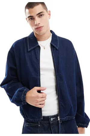 ASOS Chaqueta Harrington vaquera corta con pespuntes en contraste de denim crudo de -Azul