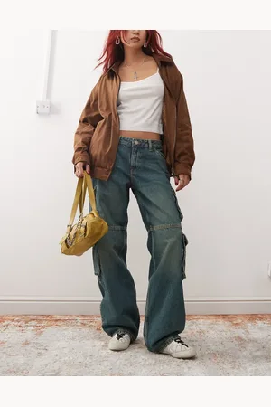 Dr Denim Vaqueros de corte holgado, pernera ancha y talle bajo con bolsillos cargo, lavado azul medio y tintado verde Hill de