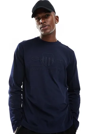 GANT Camiseta azul marino de manga larga con logo de escudo a tono en relieve de
