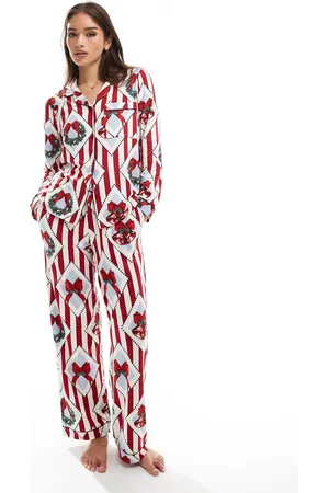 Chelsea Peers Pijama con estampado vintage navideño de pantalones y top de manga larga con cuello de solapas de poliéster de