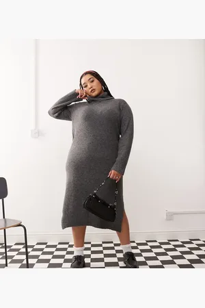 Noisy May Vestido midi gris estilo jersey con cuello alto de punto de