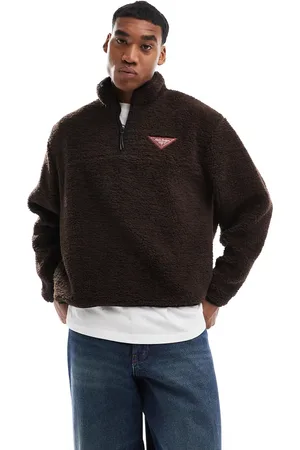 ASOS Sudadera marrón de corte cuadrado extragrande con estampado y ribetes en contraste de borreguito de