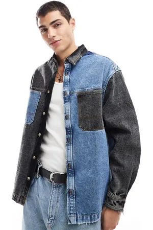 ASOS Camisa vaquera negra y azul lavado de corte cuadrado extragrande con diseño color block de