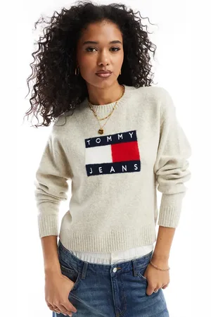 Tommy Hilfiger Jersey blanco hueso melange con detalle de bandera de