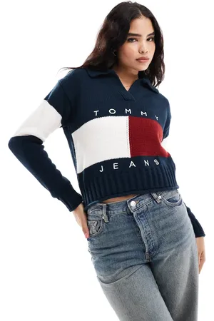 Tommy Hilfiger Jersey azul marino con cuello tipo polo y detalle de bandera de