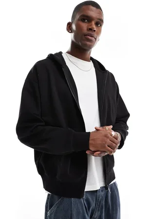JACK & JONES Sudadera negra extragrande con capucha y cremallera doble de