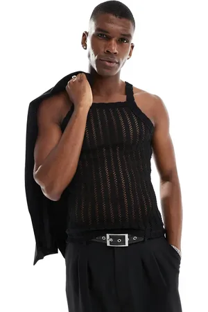 ASOS Camiseta negra ajustada sin mangas con cuello cuadrado de croché de